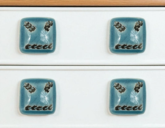 Set of Six Distressed Teal Ceramic Square Drawer Pull Knobs
