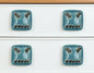 Set of Six Distressed Teal Ceramic Square Drawer Pull Knobs
