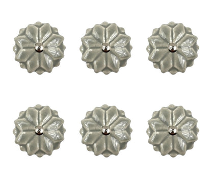 Set of Six Gray Ceramic Floral Drawer Pull Knobs