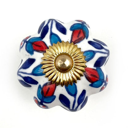 Set of Six Red White And Blue Floral Ceramic Drawer Pull Knobs