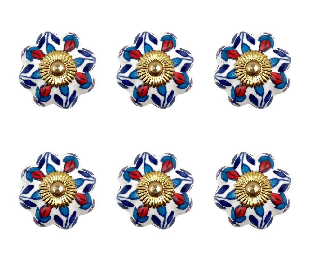 Set of Six Red White And Blue Floral Ceramic Drawer Pull Knobs