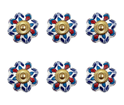 Set of Six Red White And Blue Floral Ceramic Drawer Pull Knobs