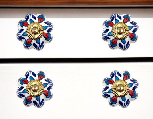 Set of Six Red White And Blue Floral Ceramic Drawer Pull Knobs