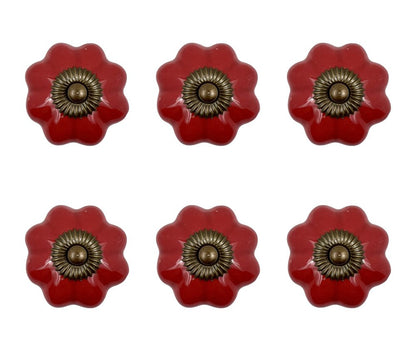 Set of Six Red Flower Shape Ceramic Drawer Pull Knobs