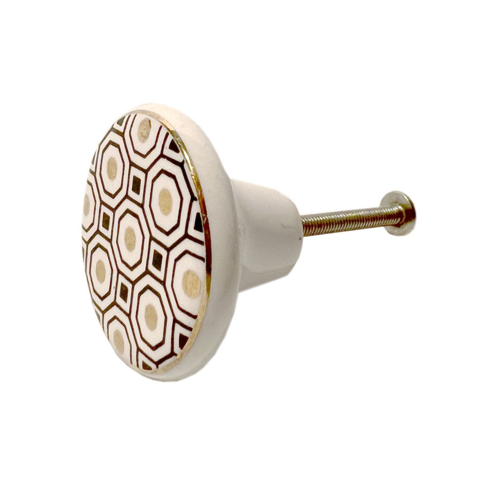 Set of Six White Silver And Gold Geometric Ceramic Drawer Pull Knobs