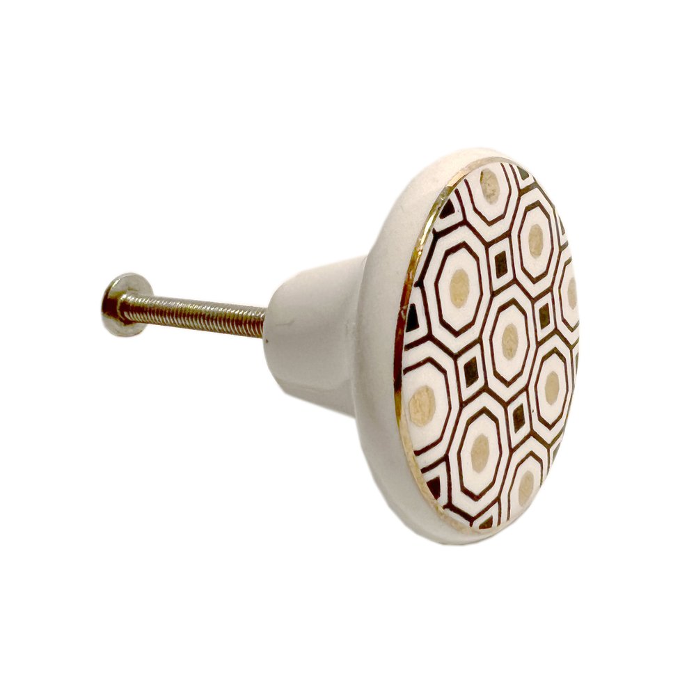 Set of Six White Silver And Gold Geometric Ceramic Drawer Pull Knobs