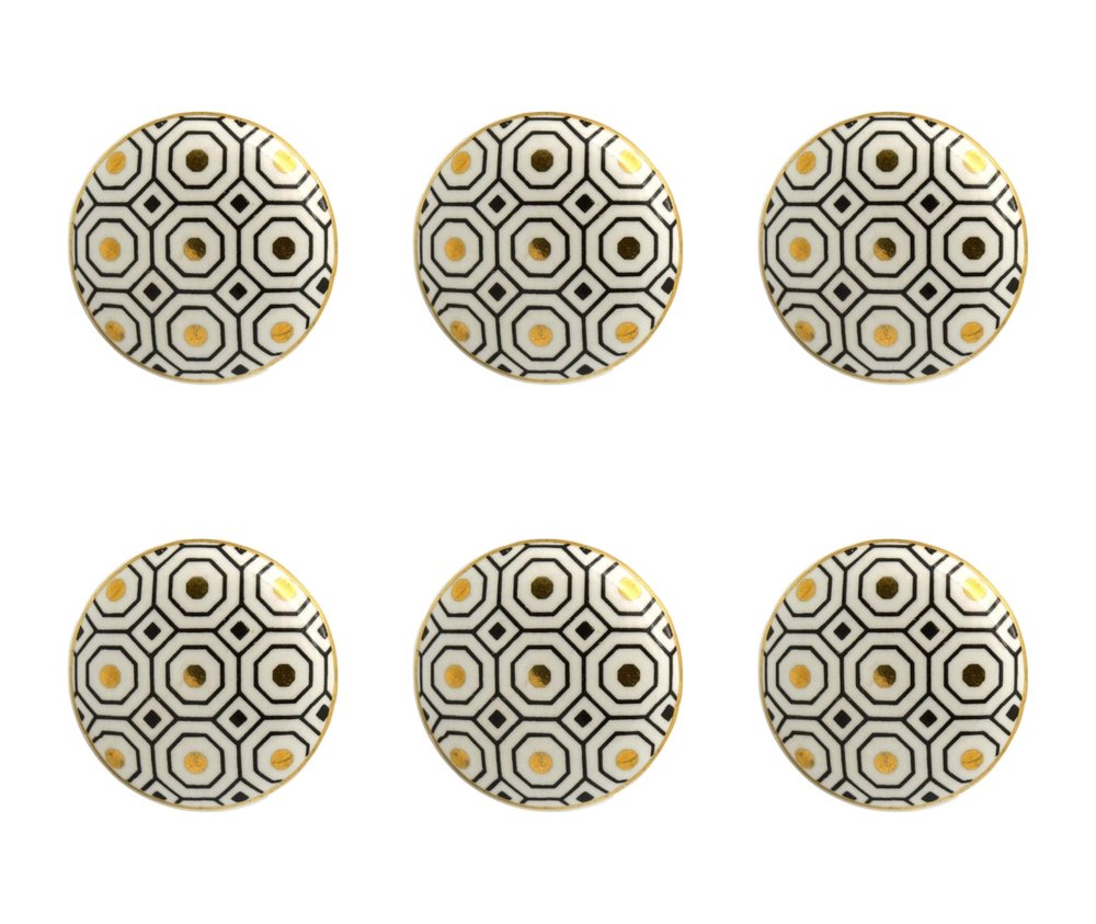 Set of Six White Silver And Gold Geometric Ceramic Drawer Pull Knobs