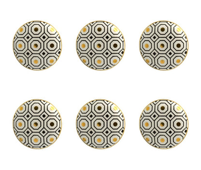Set of Six White Silver And Gold Geometric Ceramic Drawer Pull Knobs