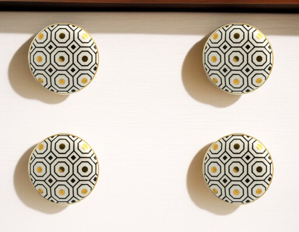 Set of Six White Silver And Gold Geometric Ceramic Drawer Pull Knobs