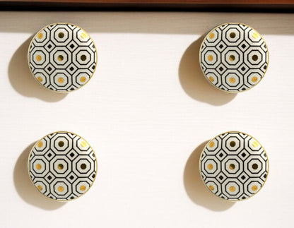 Set of Six White Silver And Gold Geometric Ceramic Drawer Pull Knobs