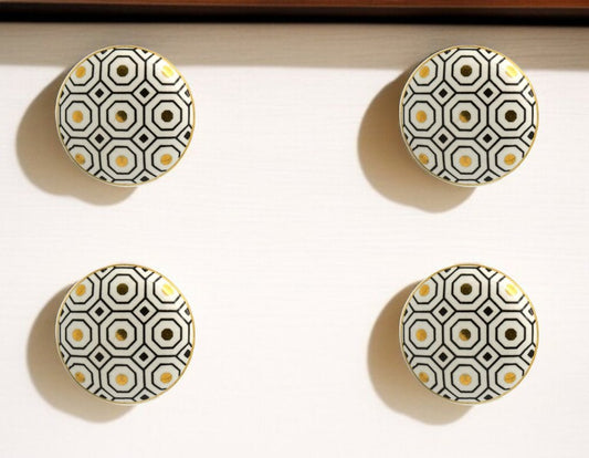 Set of Six White Silver And Gold Geometric Ceramic Drawer Pull Knobs