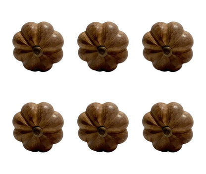 Set of Six Brown Wood Flower Shaped Drawer Pull Knobs