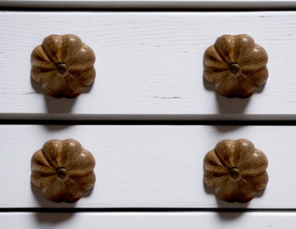 Set of Six Brown Wood Flower Shaped Drawer Pull Knobs