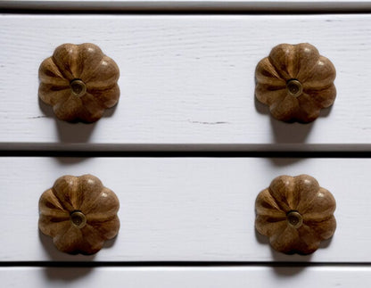 Set of Six Brown Wood Flower Shaped Drawer Pull Knobs