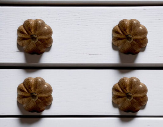 Set of Six Brown Wood Flower Shaped Drawer Pull Knobs