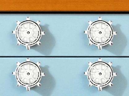 Set of Six Rustic White Iron Captains Wheel Drawer Pull Knobs
