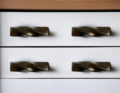 Set of Six Distressed Bronze Twisted Geometric Metal Drawer Pull Knobs