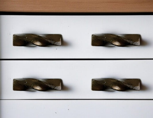 Set of Six Distressed Bronze Twisted Geometric Metal Drawer Pull Knobs