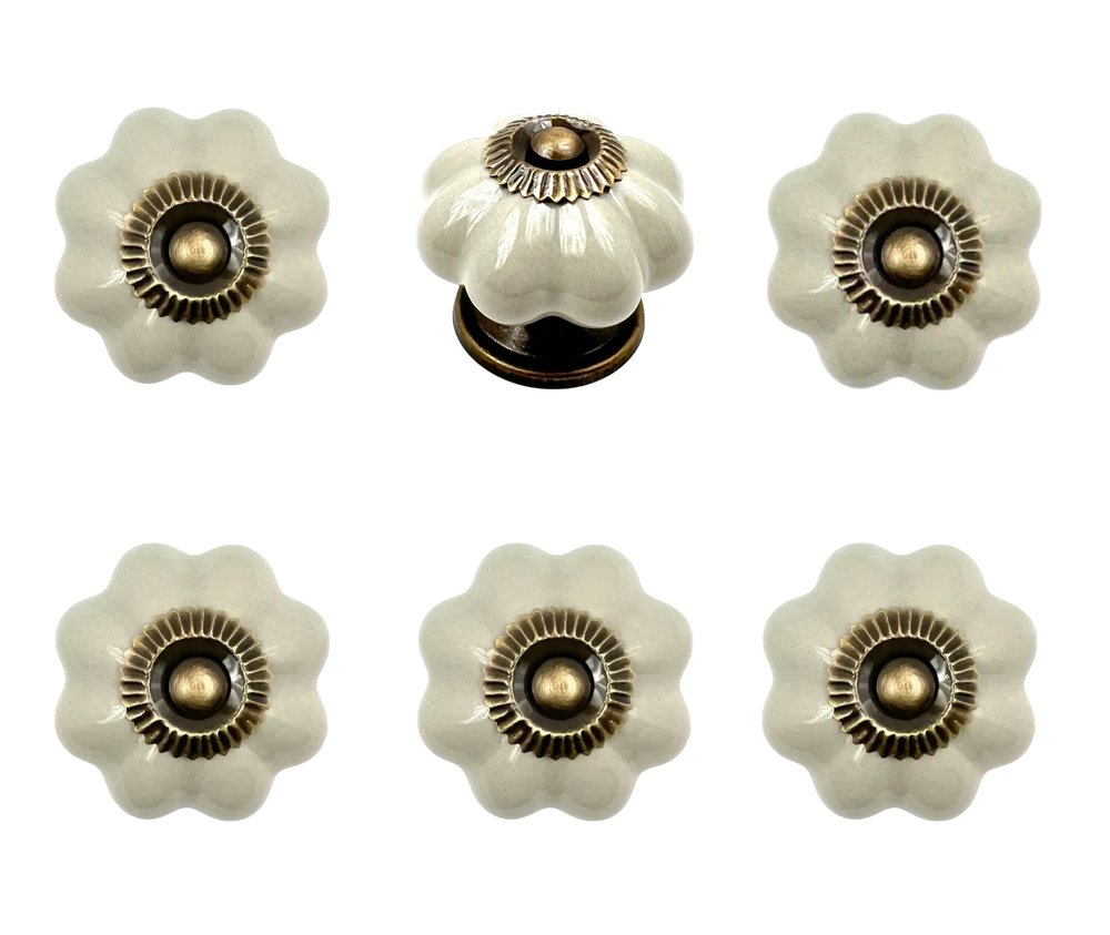 Set of Six Gray Ceramic Floral Shape Drawer Pull Knobs