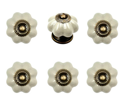 Set of Six Gray Ceramic Floral Shape Drawer Pull Knobs