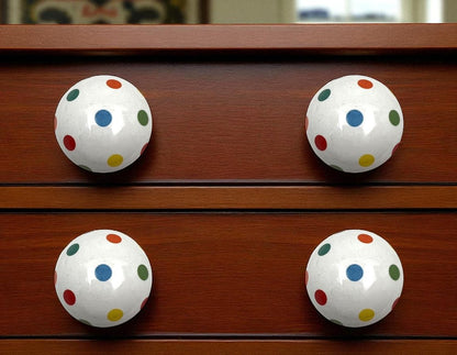 Set of Six Off White Blue Red And Green Polka Dots Ceramic Drawer Pull Knobs