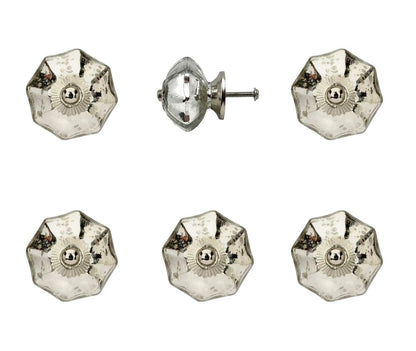 Set of Six Silver Faceted Mercury Glass Drawer Pull Knobs
