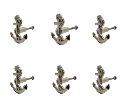 Set of Six Silver Nautical Anchor Metal Drawer Pull Knobs