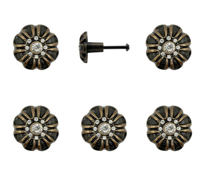 Set of Six Black And Gold Iron And Faux Crystal Scalloped Shape Drawer Pull Knobs