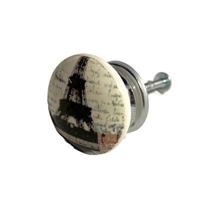 Set of Six Black And White Eiffel Tower Poetic Script Ceramic Drawer Pull Knobs