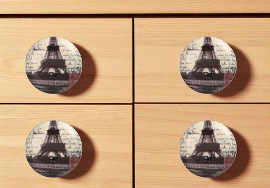 Set of Six Black And White Eiffel Tower Poetic Script Ceramic Drawer Pull Knobs