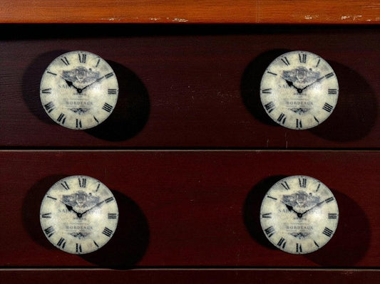 Set of Six Black And White Distressed Clock Face Ceramic Drawer Pull Knobs