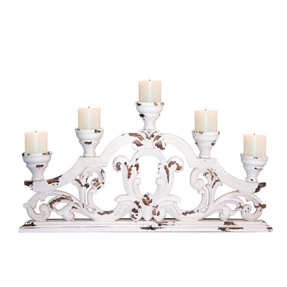 34" White Distressed Wood Tabletop Five Light Candelabra