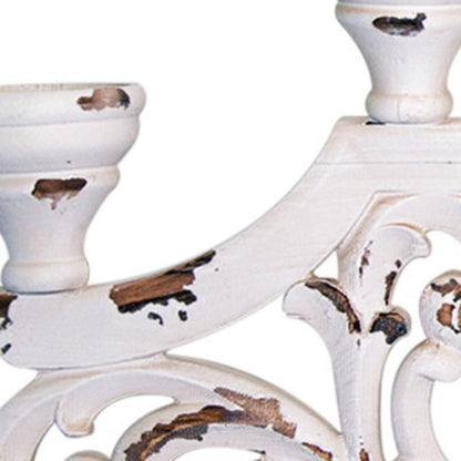34" White Distressed Wood Tabletop Five Light Candelabra