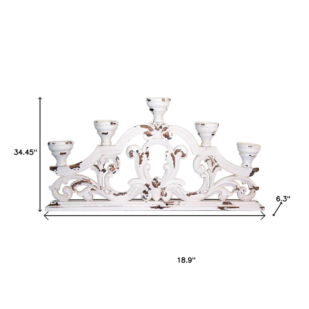 34" White Distressed Wood Tabletop Five Light Candelabra