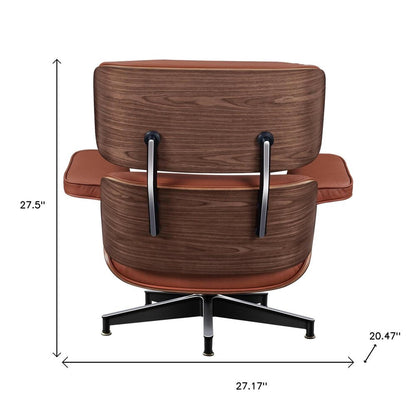 27" Brown and Light Brown Tufted Genuine Leather Swivel Lounge Chair With Ottoman