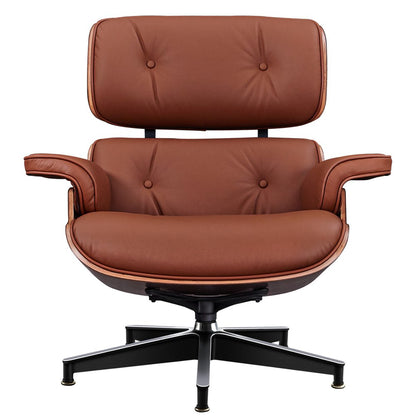 27" Brown and Light Brown Tufted Genuine Leather Swivel Lounge Chair With Ottoman