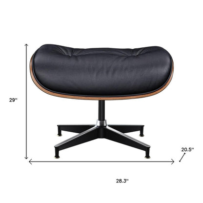 28" Black and Light Brown Tufted Genuine Leather Lounge Chair With Ottoman
