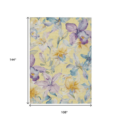 9' X 12' Yellow Gold And Lavender Floral Washable Indoor Outdoor Area Rug