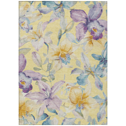 9' X 12' Yellow Gold And Lavender Floral Washable Indoor Outdoor Area Rug