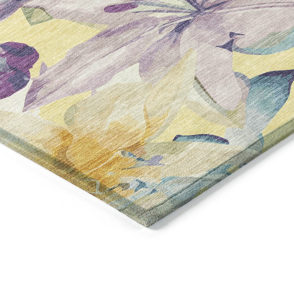 9' X 12' Yellow Gold And Lavender Floral Washable Indoor Outdoor Area Rug