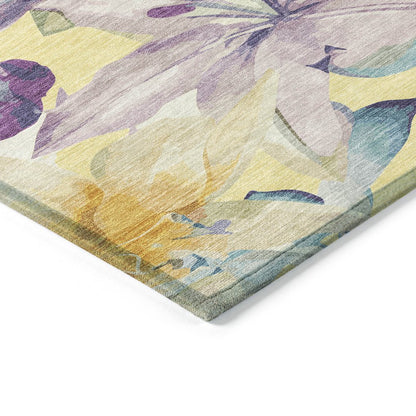 9' X 12' Yellow Gold And Lavender Floral Washable Indoor Outdoor Area Rug