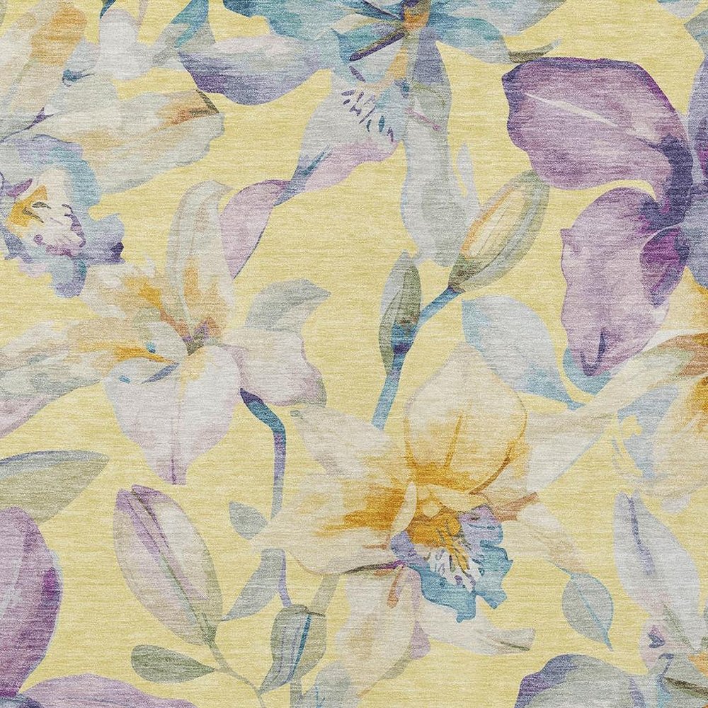 9' X 12' Yellow Gold And Lavender Floral Washable Indoor Outdoor Area Rug