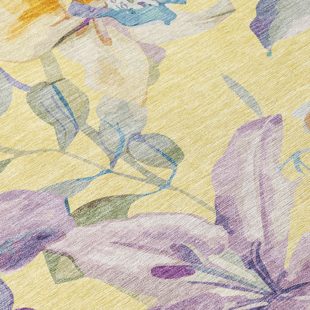 9' X 12' Yellow Gold And Lavender Floral Washable Indoor Outdoor Area Rug