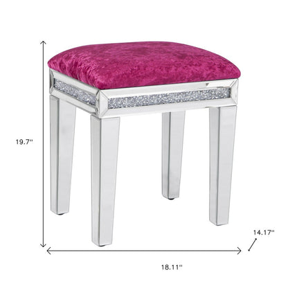 14" Pink and Silver Velvet Faux Crystal and Mirrored Glass Vanity Chair
