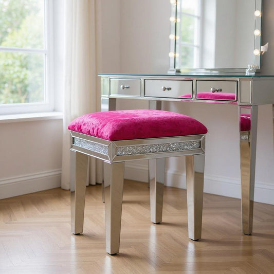 14" Pink and Silver Velvet Faux Crystal and Mirrored Glass Vanity Chair