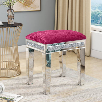 14" Pink and Silver Velvet Faux Crystal and Mirrored Glass Vanity Chair
