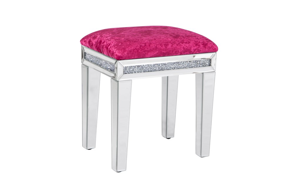 14" Pink and Silver Velvet Faux Crystal and Mirrored Glass Vanity Chair