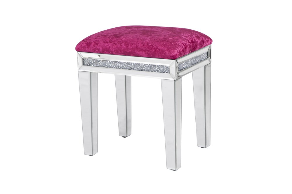 14" Pink and Silver Velvet Faux Crystal and Mirrored Glass Vanity Chair