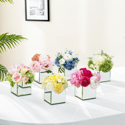 Set of Six Silver Mirrored Glass Square Table Vases