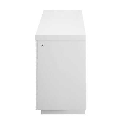 76" White Ribbed Wood Electric Storage Cabinet Fireplace With LED And Speaker